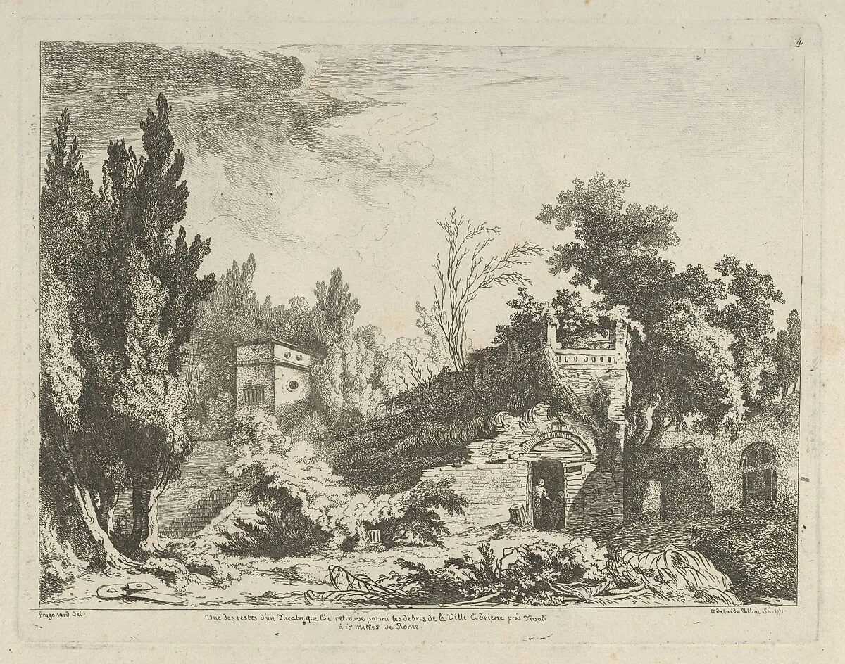 Vue des restes d'un théâtre from Differentes vues dessiné d'après nature... dans les environs de Rome et de Naples — Adélaide Allou|Hubert Robert|Jean Honoré Fragonard|Pierre François Basan