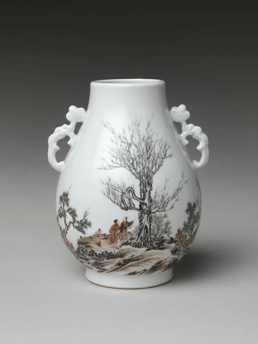 民國 景德鎮窯墨彩山水高士瓶|Vase with gentlemen in a landscape (one of a pair) — Unknown