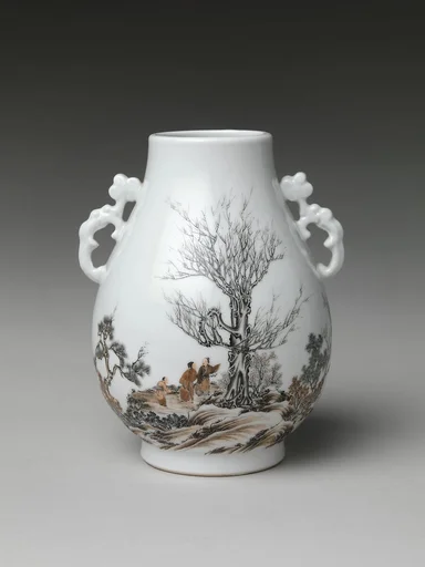 民國 景德鎮窯墨彩山水高士瓶|Vase with gentlemen in a landscape (one of a pair)