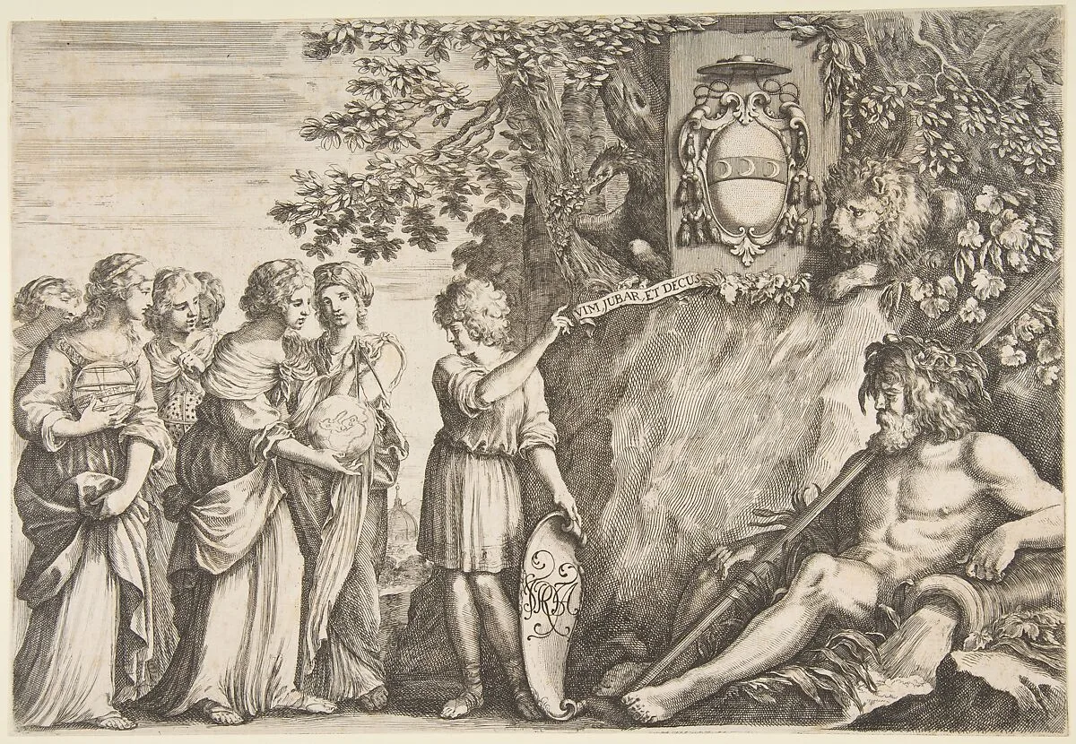 Ornament design for a thesis, the Strozzi coat of arms at top — Stefano della Bella