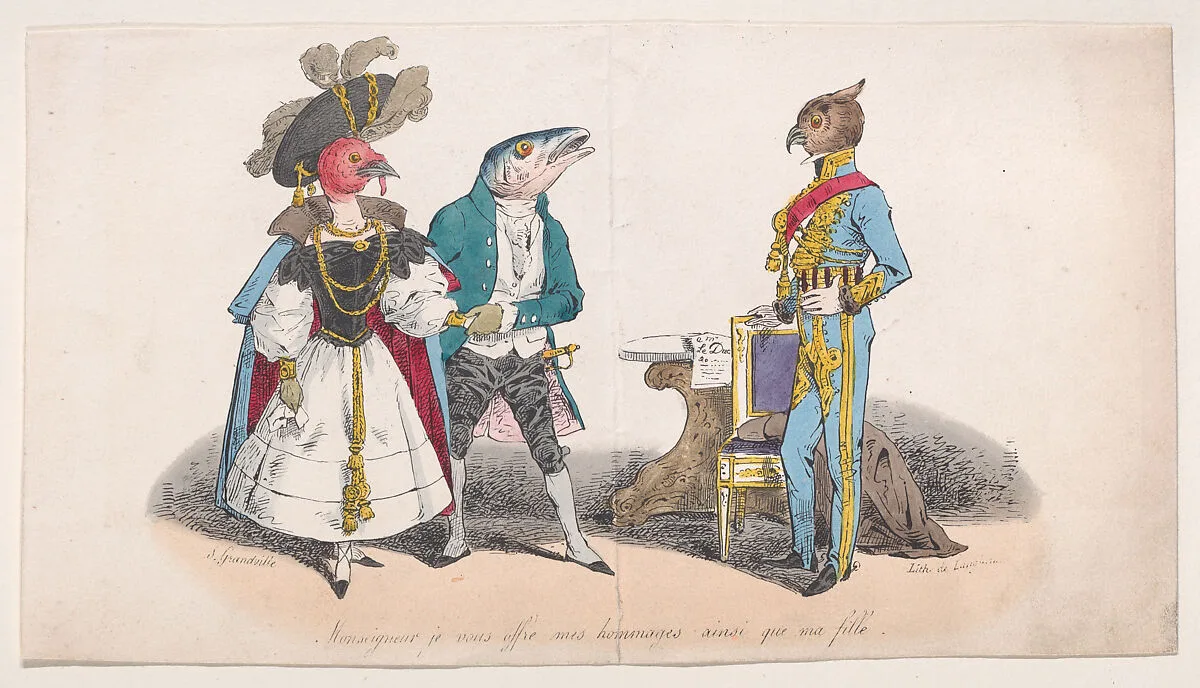 "Sir, I offer you my respects and my daughter" from Metamorphoses of the Day — Langlumé|J. J. Grandville