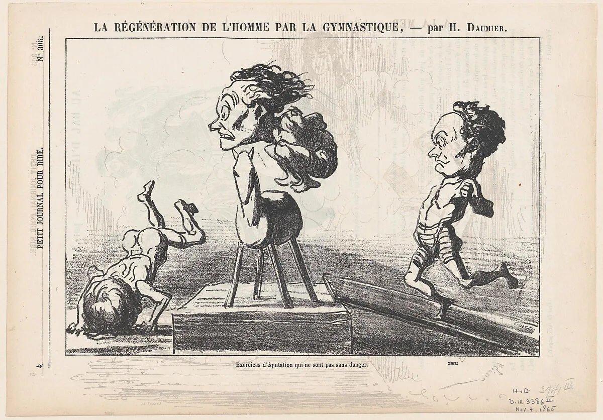 Horseback exercises not without hazards, from 'The regeneration of man through gymnastics,' published in Le Petit Journal pour Rire, November 4, 1865 — Honoré Daumier