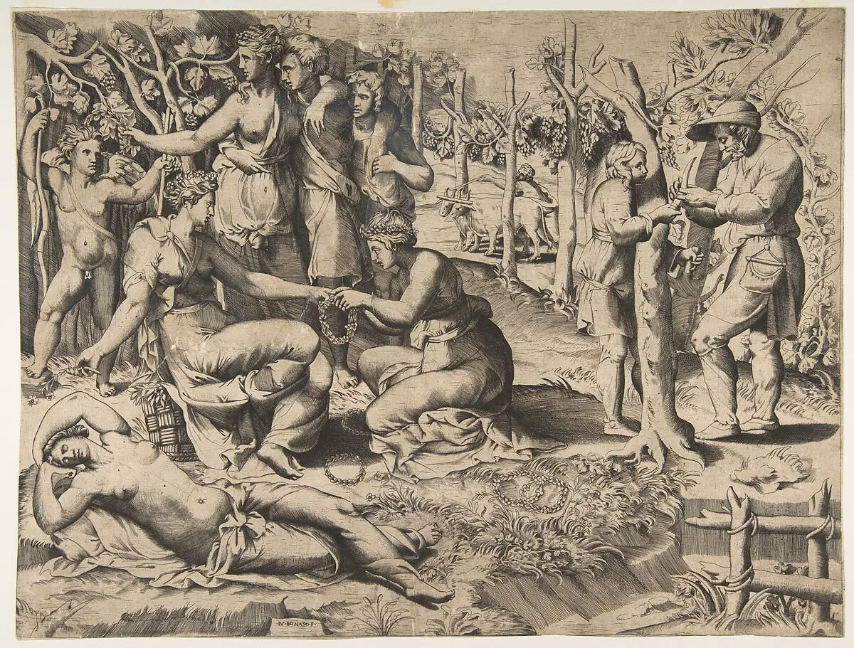 Flora in the centre passing a wreath to another woman, surrounded by other figures — Giulio Bonasone