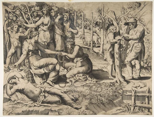 Flora in the centre passing a wreath to another woman, surrounded by other figures