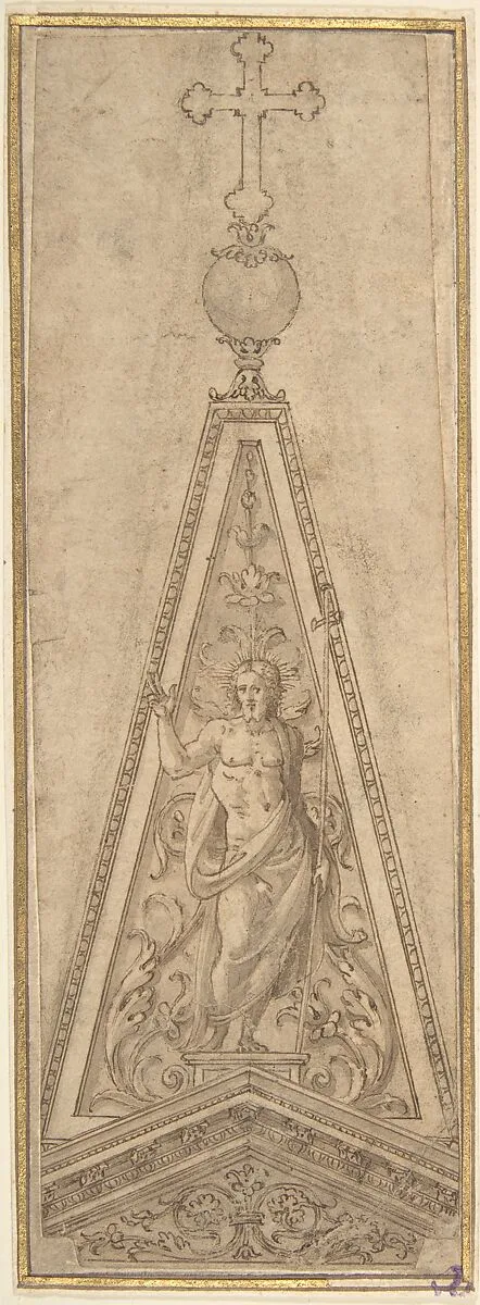 Design for Pediments with the Resurrected Christ surmounted by a Crucifix — Anonymous, Italian, 16th century