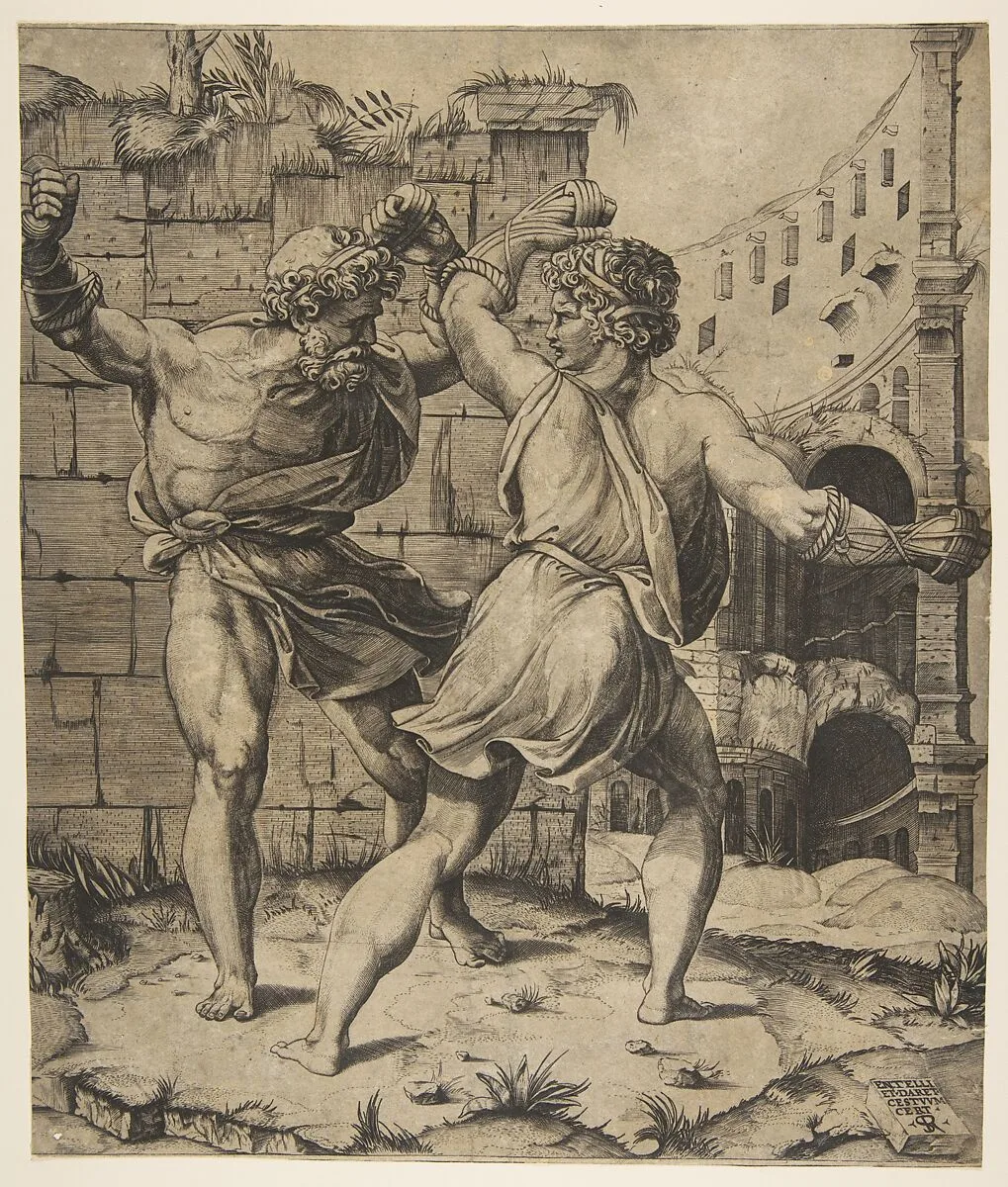 Entellus and Dares fighting in front of classical ruins — Marco Dente|Raphael (Raffaello Sanzio or Santi)