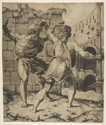 Entellus and Dares fighting in front of classical ruins