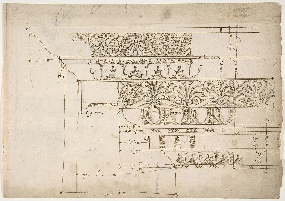 Domus Augustiana, cornice, elevation in profile, ornamental detailing (recto) Unidentified, cornice, elevation in profile, ornamental detailing (verso) — Anonymous, French, 16th century
