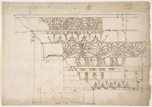 Domus Augustiana, cornice, elevation in profile, ornamental detailing (recto) Unidentified, cornice, elevation in profile, ornamental detailing (verso)
