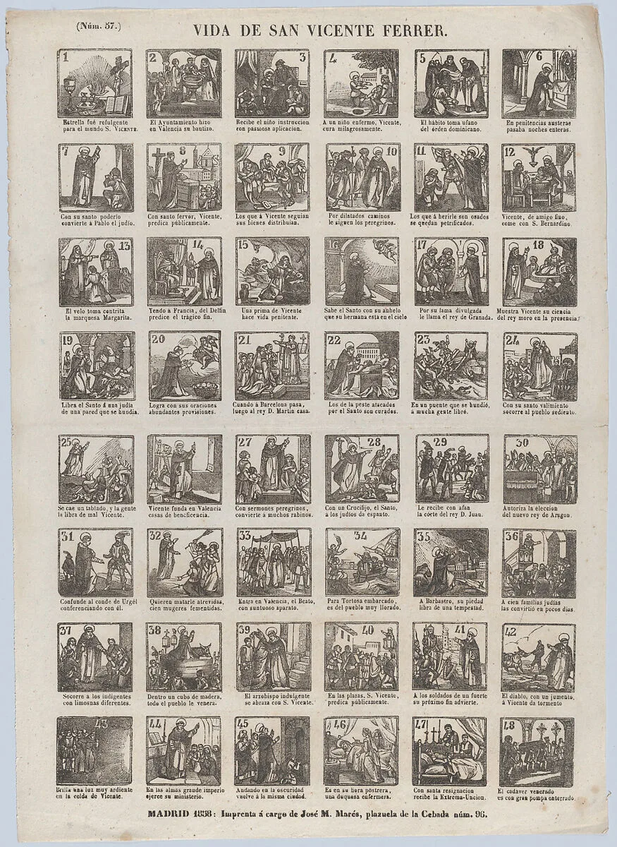Broadside with 48 scenes relating to the life of St Vincent Ferrer — José María Marés