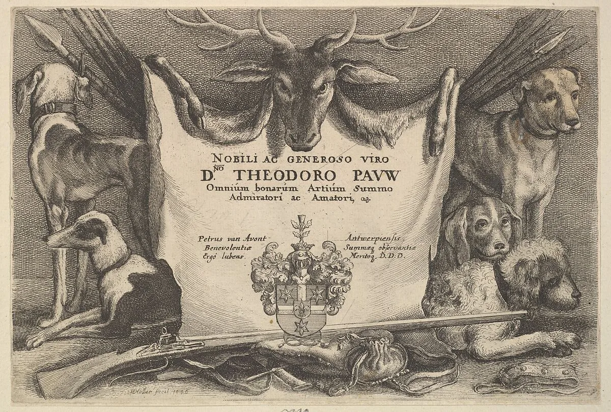 Titlepage with hounds and hunting equipment — Wenceslaus Hollar|Pieter van Avont