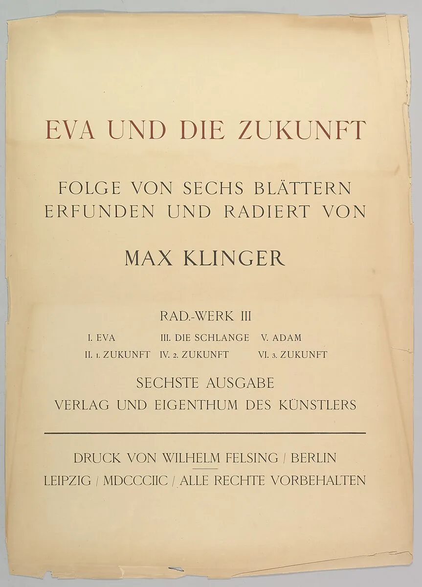 Title Page from Eva und die Zukunft (Rad.-Werk III) — Max Klinger|Max Klinger|Wilhelm Felsing