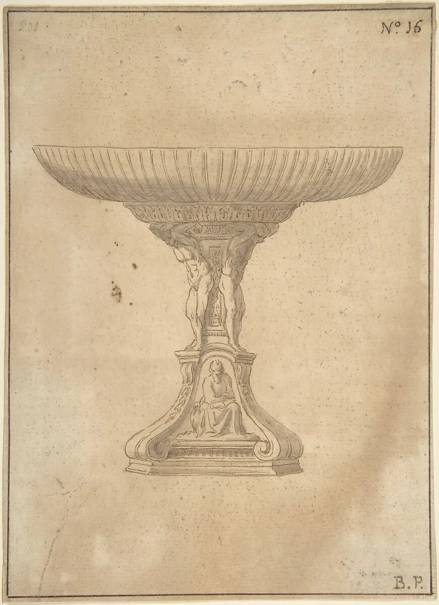 Design for a Cup Supported by Standing Nudes with Standard of Seated Figure with Book and Bird — Jacopo da Empoli (Jacopo Chimenti)