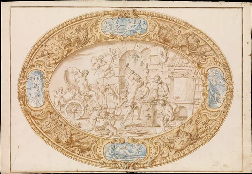 Design (Full-Scale Working Drawing) for a Large Oval Silver Dish with Silver Gilt Border Showing Vulcan's Forge