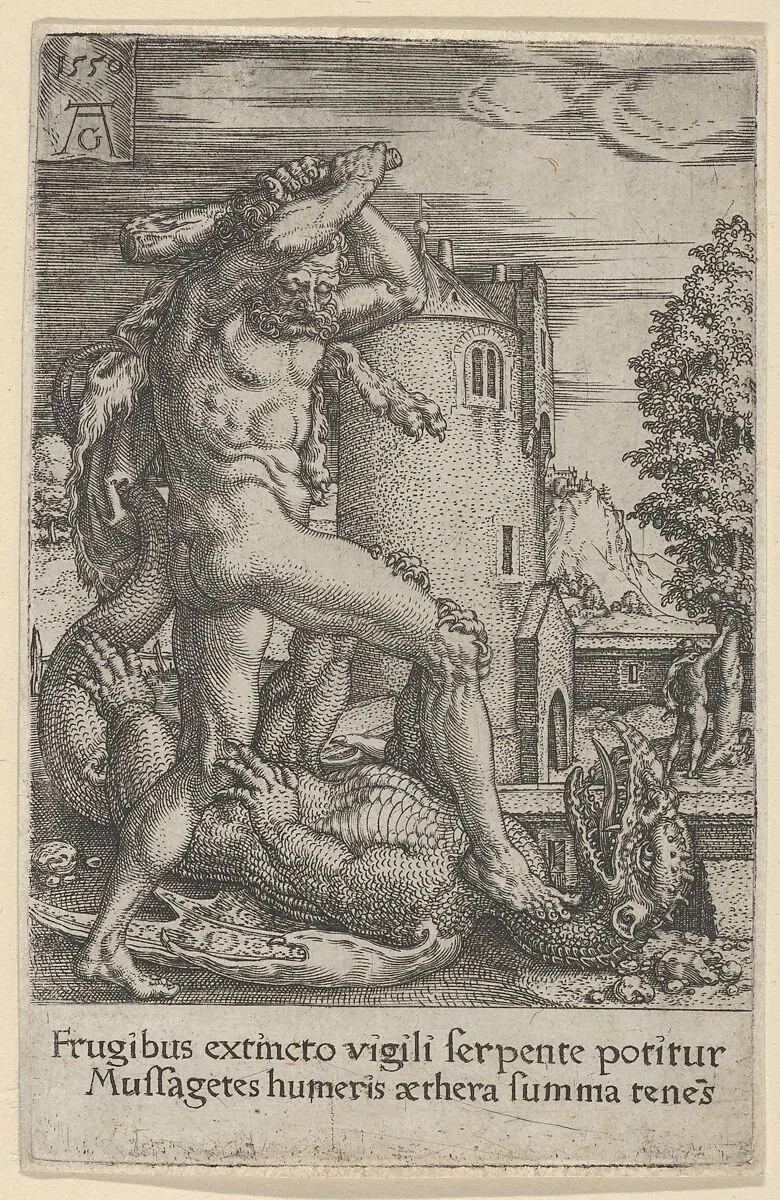 Hercules Killing the Dragon Ladon, from The Labors of Hercules — Heinrich Aldegrever