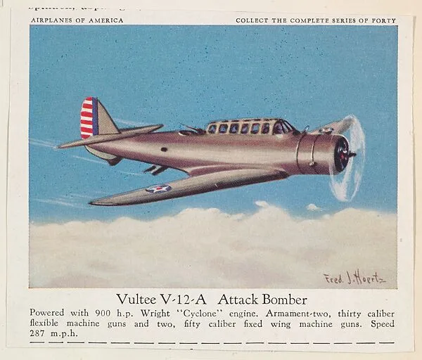 Vultee V-12-A Attack Bomber, collector card from the Airplanes of America series (D2), issued by the Kelley Baking Company to promote Kelley's Bread — Kelley Baking Company