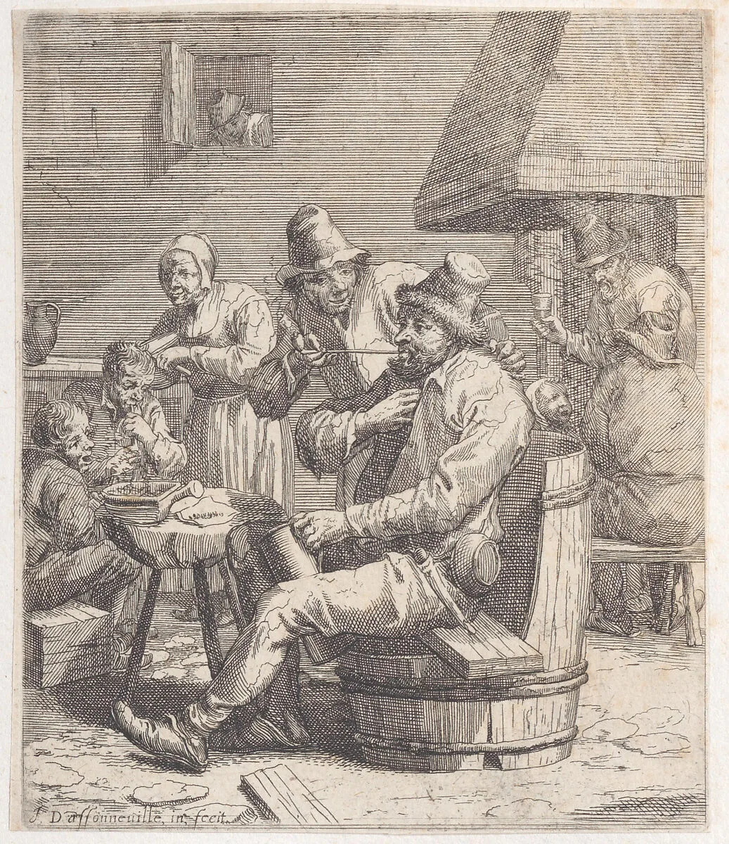 Nine peasants in a rustic interior with, with a man putting a pipe into the mouth of a seated man — Jacques Dassonville