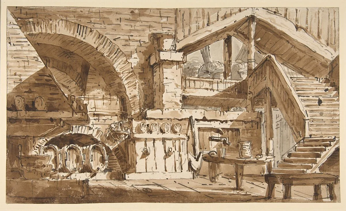 Design for a Stage Set Showing Interior of Rustic Kitchen ("Cucina Rustica") — Lorenzo Sacchetti