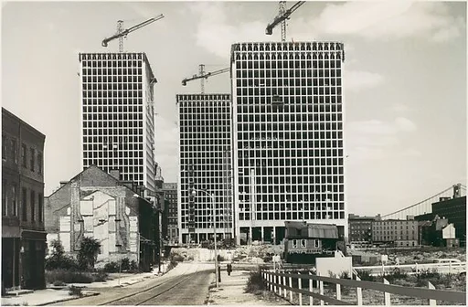 [Three Views of Building Construction, Railyard, and Skyline for Container Corporation Commission]