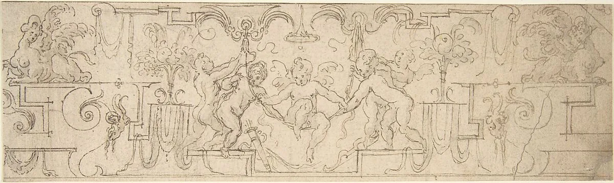 Decorative Frieze with Putti Playing on a Swing — Anonymous, Italian, 16th century