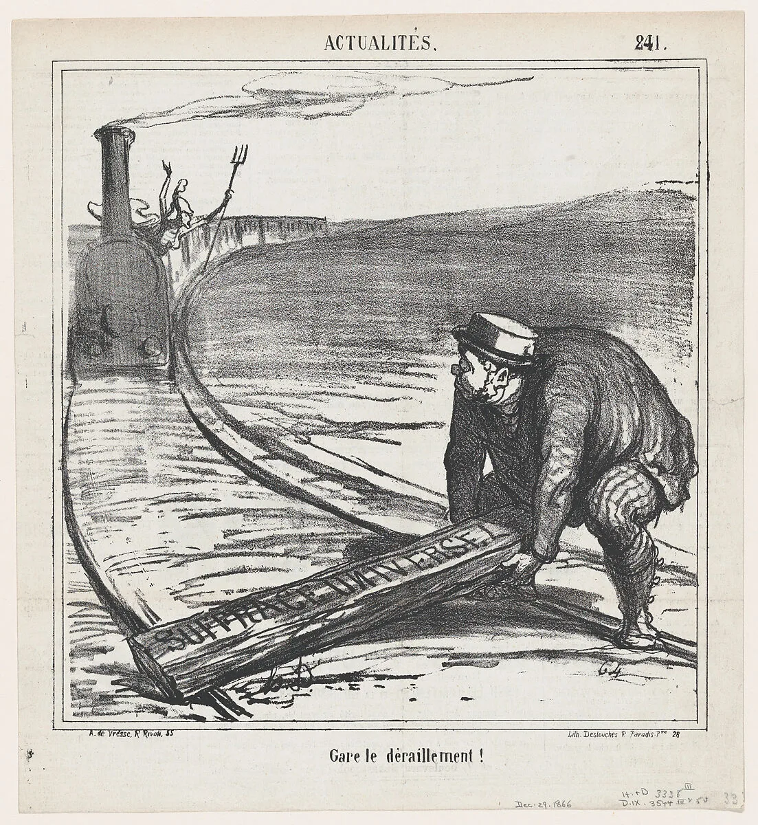 Beware of derailment!, from 'News of the day,' published in Le Charivari, December 29, 1866 — Honoré Daumier|Destouches|Arnaud de Vresse