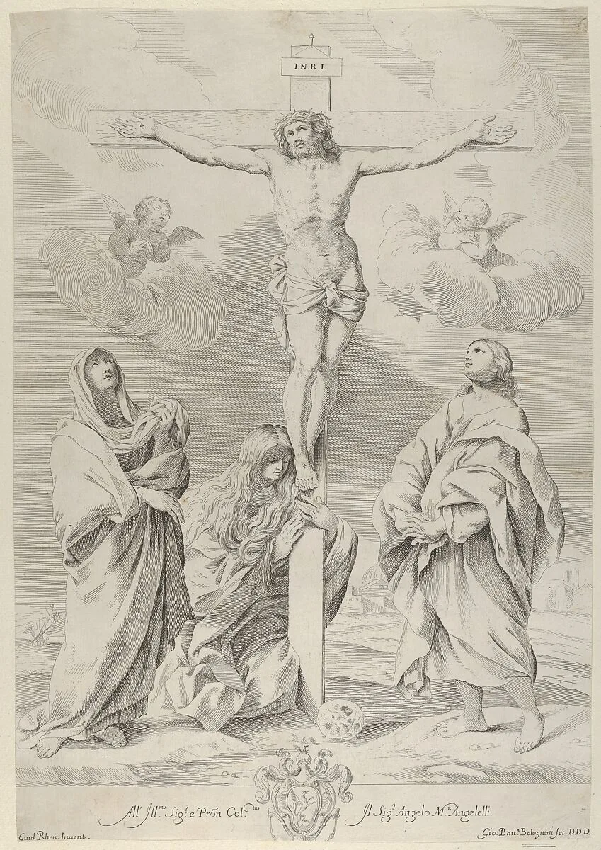 Christ on the cross, Saint John the Baptist at right, Mary Magdelene and the Virgin at left, after Reni — Guido Reni|Gian Battista Bolognini