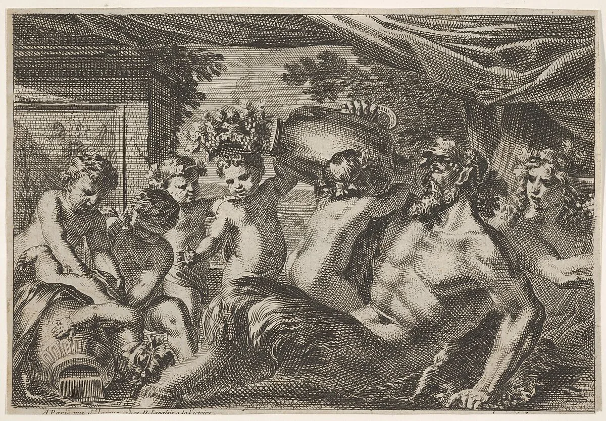 Design for a Panel with a Satyr Drinking from a Vase held up by a Putti, from: Feuillages et autres ornements — Jean Le Pautre|Nicolas Langlois