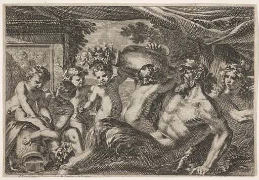 Design for a Panel with a Satyr Drinking from a Vase held up by a Putti, from: Feuillages et autres ornements