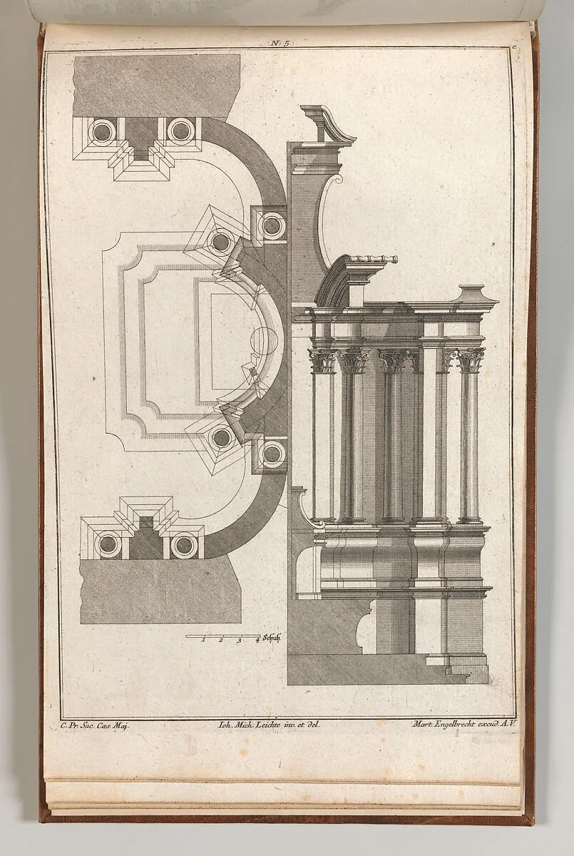 Floorplan and Side View of an Altar, Plate e (2) from 'Unterschiedliche Neu Inventierte Altäre mit darzu gehörigen Profillen u. Grundrißen.' — Johann Michael Leüchte|Martin Engelbrecht