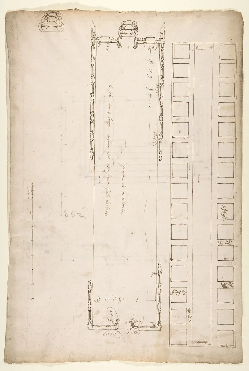 San Lorenzo, Library, plan; reflected ceiling plan; stair, detail (recto) San Lorenzo, Ricetto, plan (verso) — Anonymous, French, 16th century