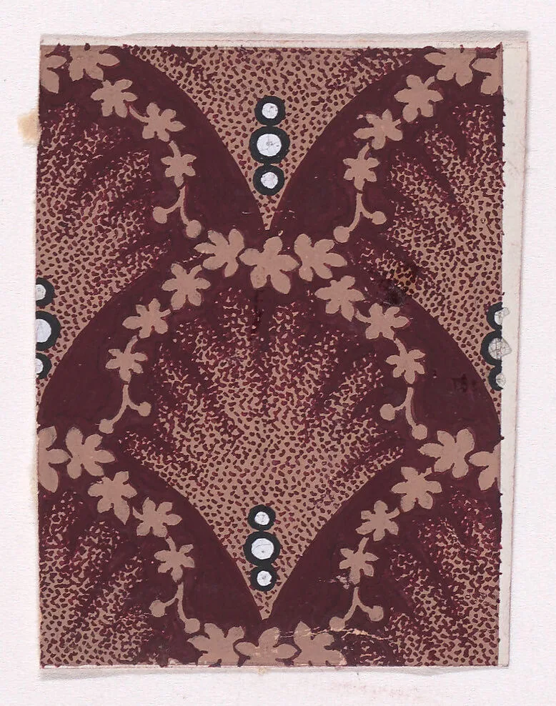 Textile Design with Alternating Palmettes Decorated with Pearls Framed by Garlands of Flowers and Buds — Anonymous, Alsatian, 19th century