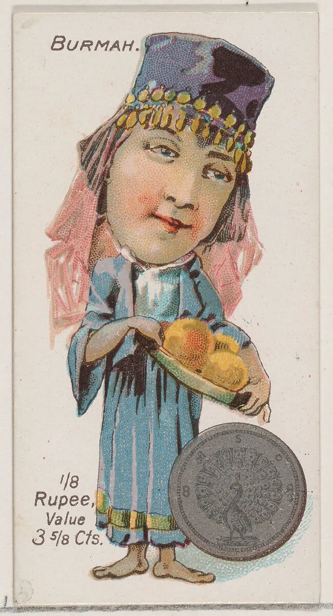 Caricatured Burmese figure, 1/8 Rupee, from the series Coins of All Nations (N72, variation 1) for Duke brand cigarettes — W. Duke, Sons & Co.