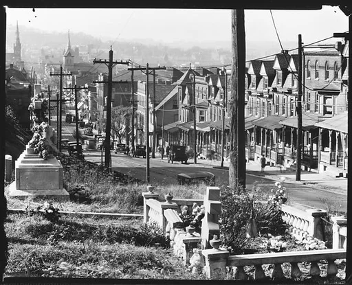 [View Down East 4th Street of Two-Family Houses and Parked Cars, From St. Michael's Graveyard, Bethlehem, Pennsylvania]