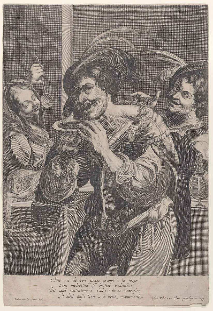 Man drinking soup while two people watch him — Pierre Daret