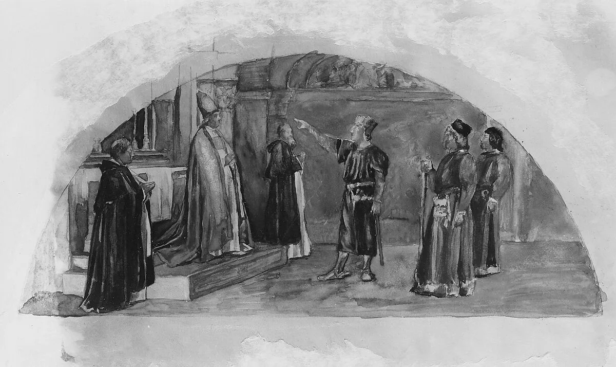 The Adjustment of Conflicting Interests: Count Raymond of Toulouse Swears at the Altar to Observe the Liberties of the City;ì Color Study for Mural, Supreme Court Room, Minnesota State Capitol,ì Saint Paul — John La Farge