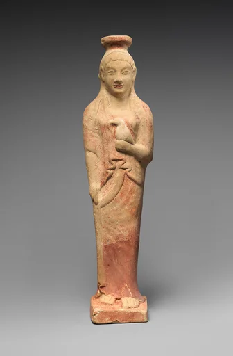 Terracotta alabastron (perfume vase) in the form of a woman holding a dove