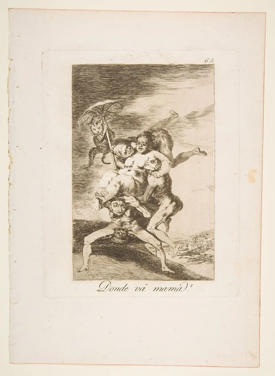 Plate 65 from "Los Caprichos": Where is mom going? (Donde vá mamá?) — Goya (Francisco de Goya y Lucientes)