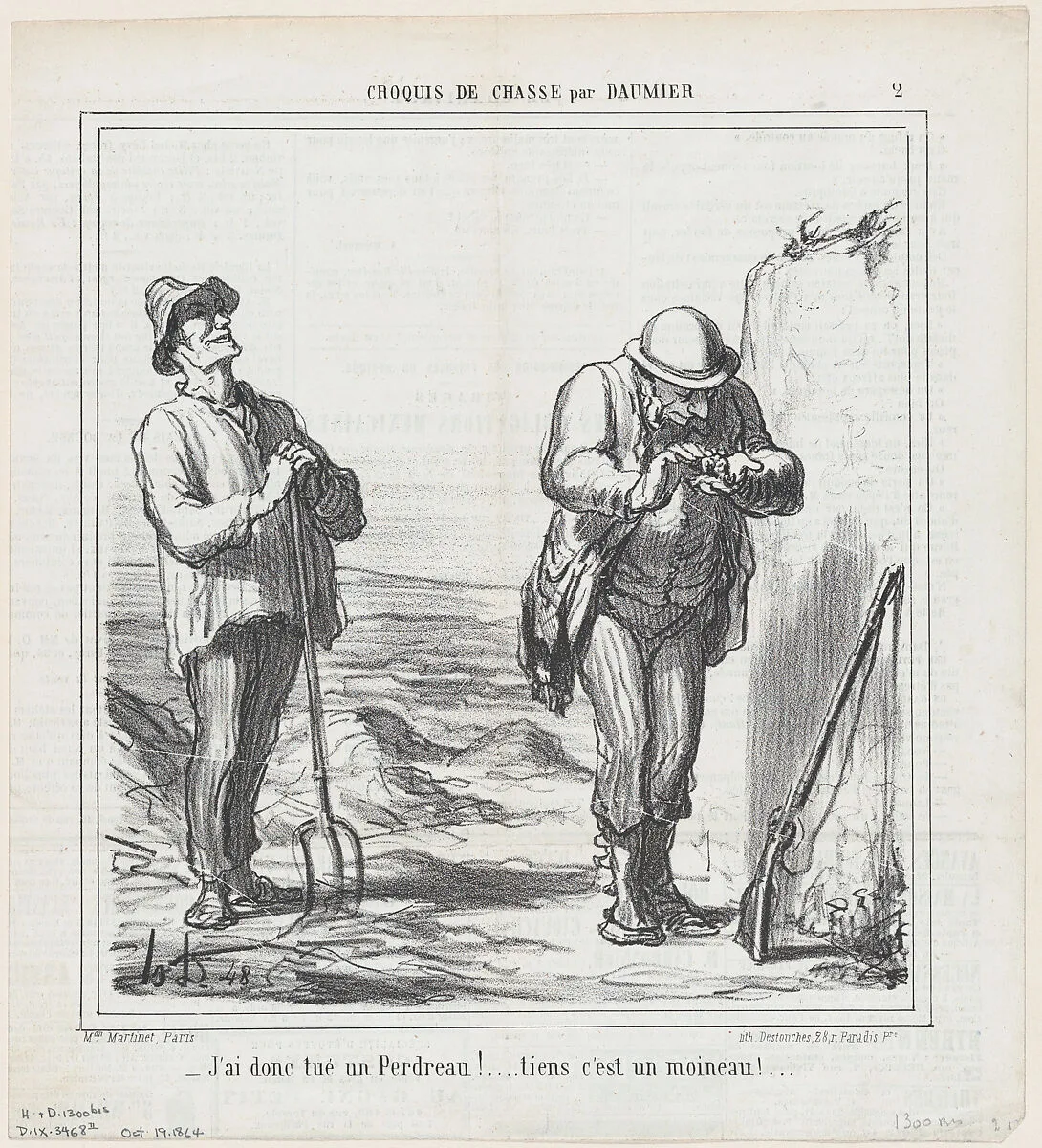 So I have bagged a partridge!... Oh well, it's just a sparrow!..., from 'Hunting sketches,' published in Le Charivari, October 19, 1864 — Honoré Daumier