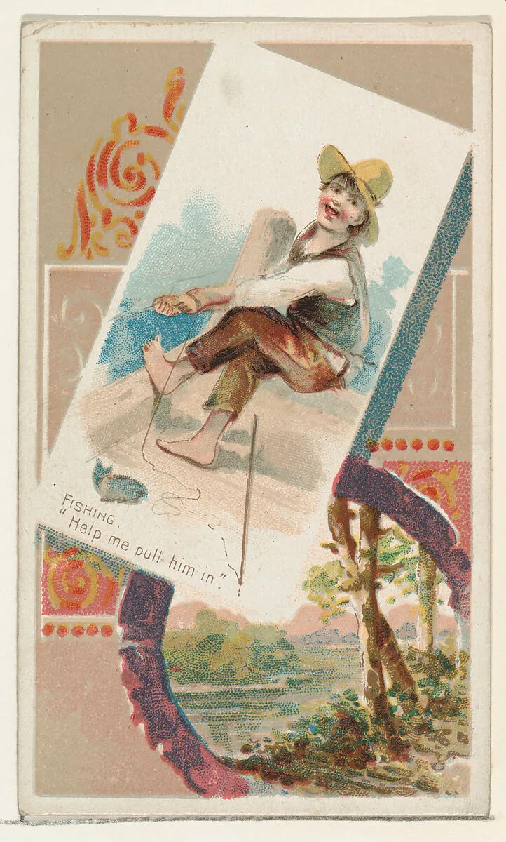 Fishing, "Help me pull him in," from the Terrors of America set (N136) issued by Duke Sons & Co. to promote Honest Long Cut Tobacco — Knapp & Company|W. Duke, Sons & Co.