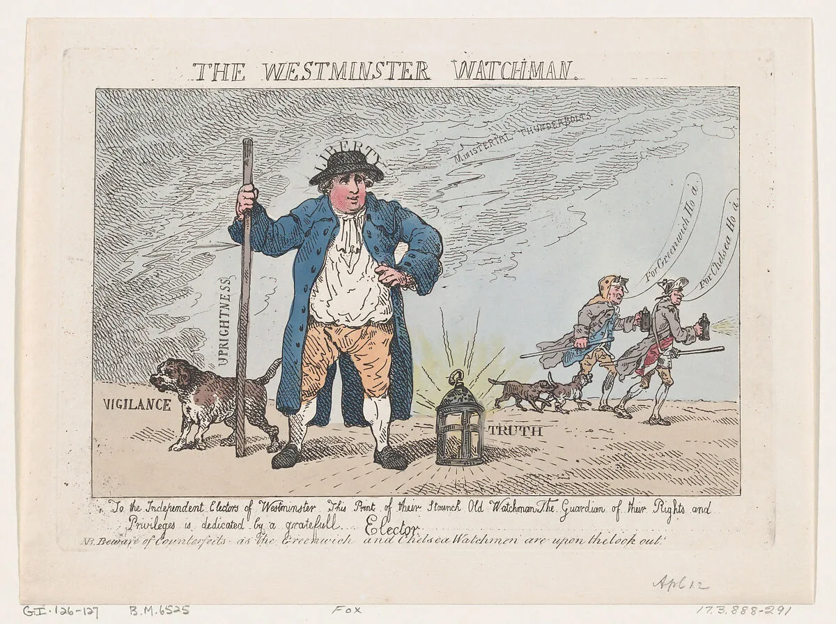 The Westminster Watchman — Sir Cecil Wray|Samuel Hood, 1st Viscount Hood|Thomas Rowlandson|Charles James Fox