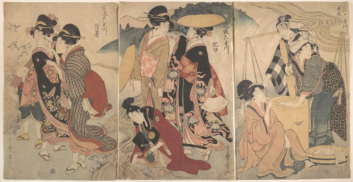 風流六玉川 武蔵 紀伊 陸奥|Women and a Man in the Country; Some pageant(?) — Kitagawa Utamaro