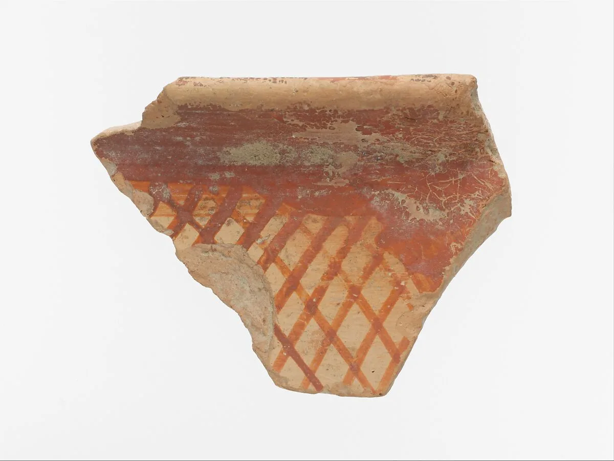 Terracotta rim fragment with cross-hatching beneath band — Unknown