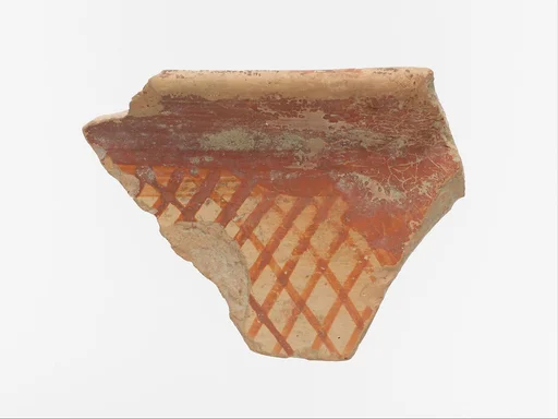 Terracotta rim fragment with cross-hatching beneath band