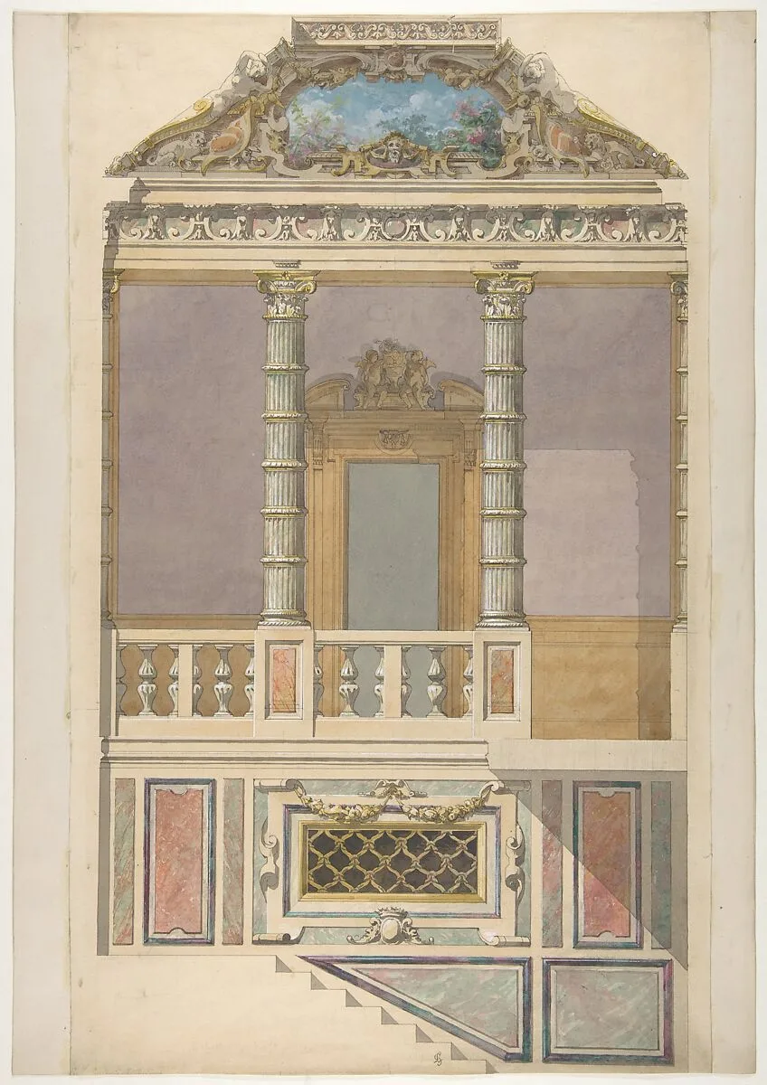 Elevation of an Italianate interior, including steps and an upper loggia decorated in composite columns — Jules-Edmond-Charles Lachaise|Eugène-Pierre Gourdet