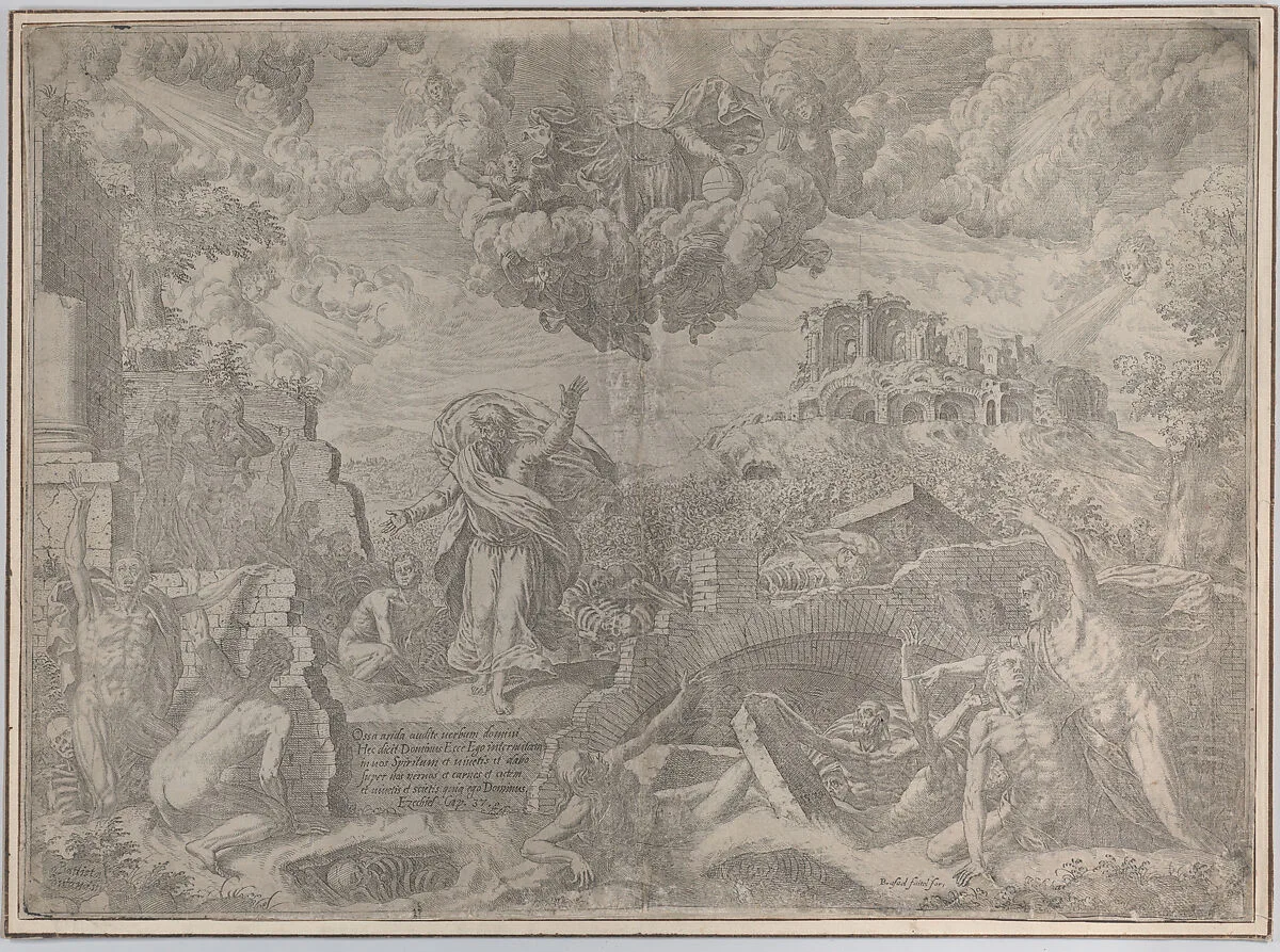 The vision of Ezekiel, with the dead rising and putting on their flesh, God the Father above in the sky — Giovanni Battista Fontana|Raphael Saitel