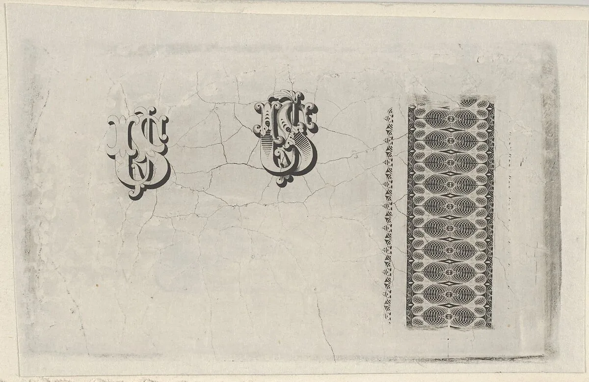 Banknote motifs: band of lathe work ornament and two monograms using the letters U.S. — A. B. & C. Durand & Company|Durand, Perkins, and Company|Cyrus Durand