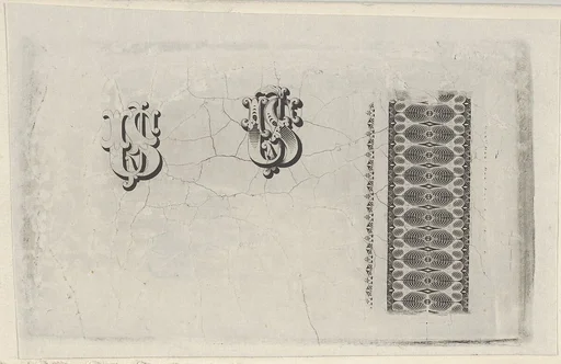 Banknote motifs: band of lathe work ornament and two monograms using the letters U.S.