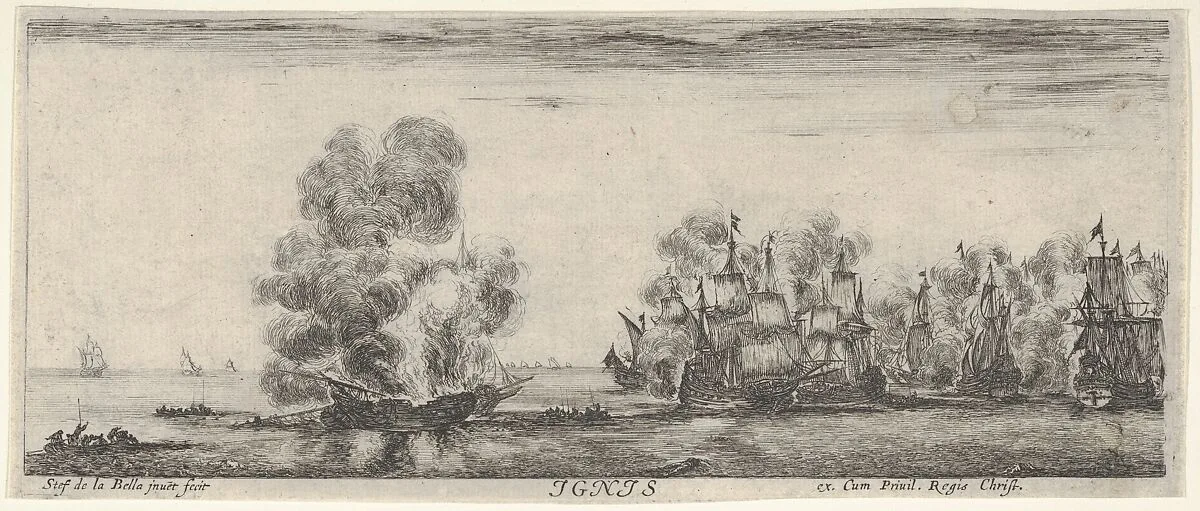 Fire, a flotilla on fire in center and to the right, two boats full of people to left, from 'The four elements' (Les quatre Eléments) — Stefano della Bella