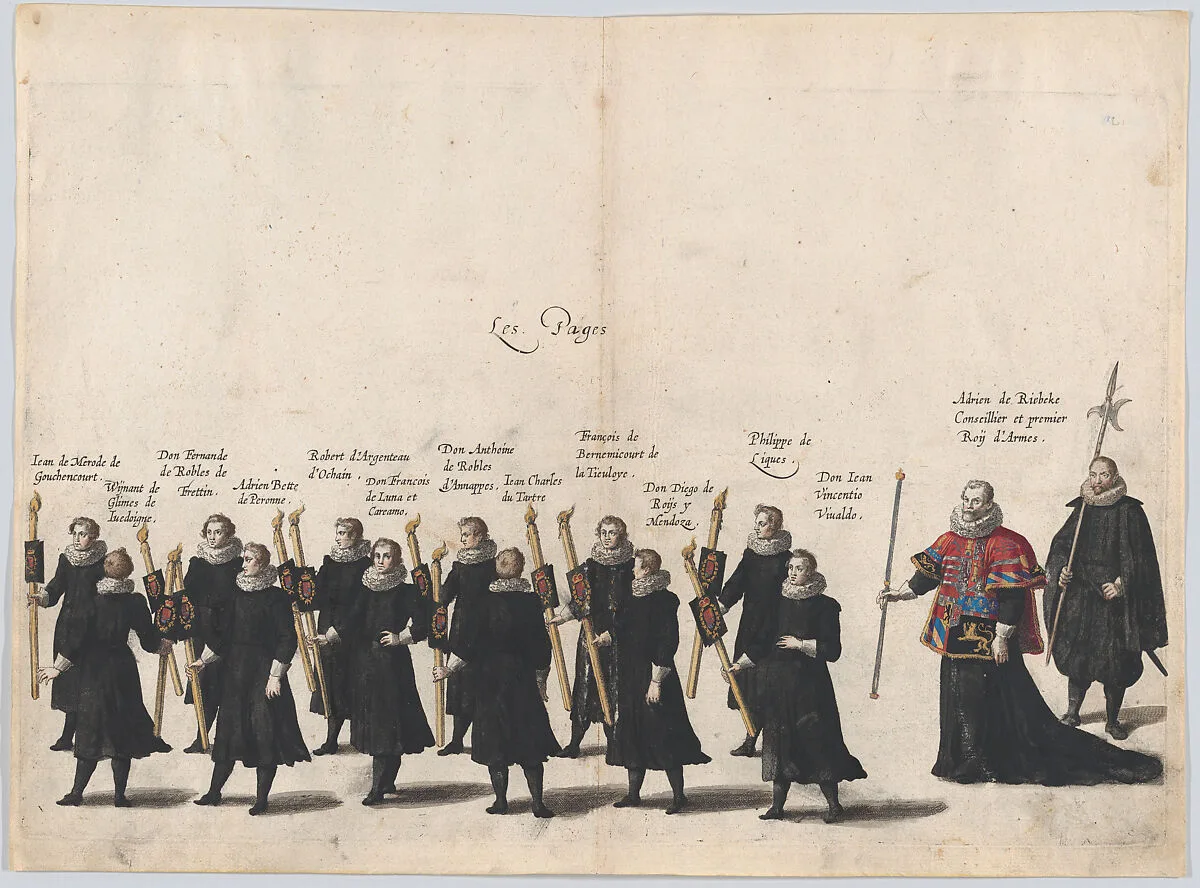 Plate 54: The pages marching in the funeral procession of Archduke Albert of Austria; from 'Pompa Funebris ... Alberti Pii' — Jacques Francquart|Cornelis Galle I