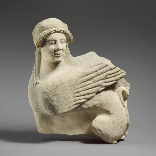 Fragment of a limestone funerary stele with a seated sphinx